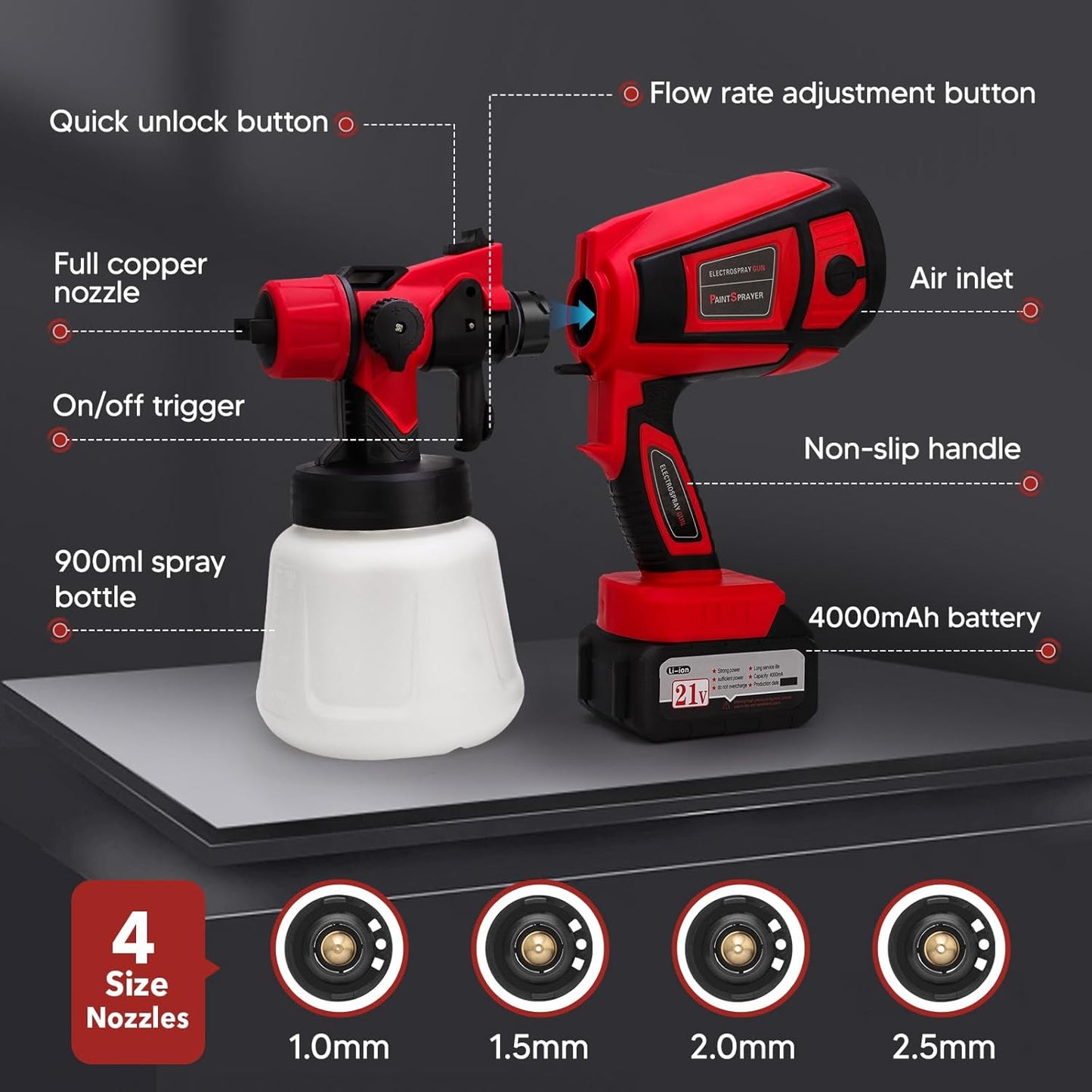 Pistola pulverizadora eléctrica de pintura de 550 W, herramientas de 18 V, tres boquillas para el hogar para jardín para pintura, pistola pulverizadora, aerógrafo portátil (color : ZS18V)